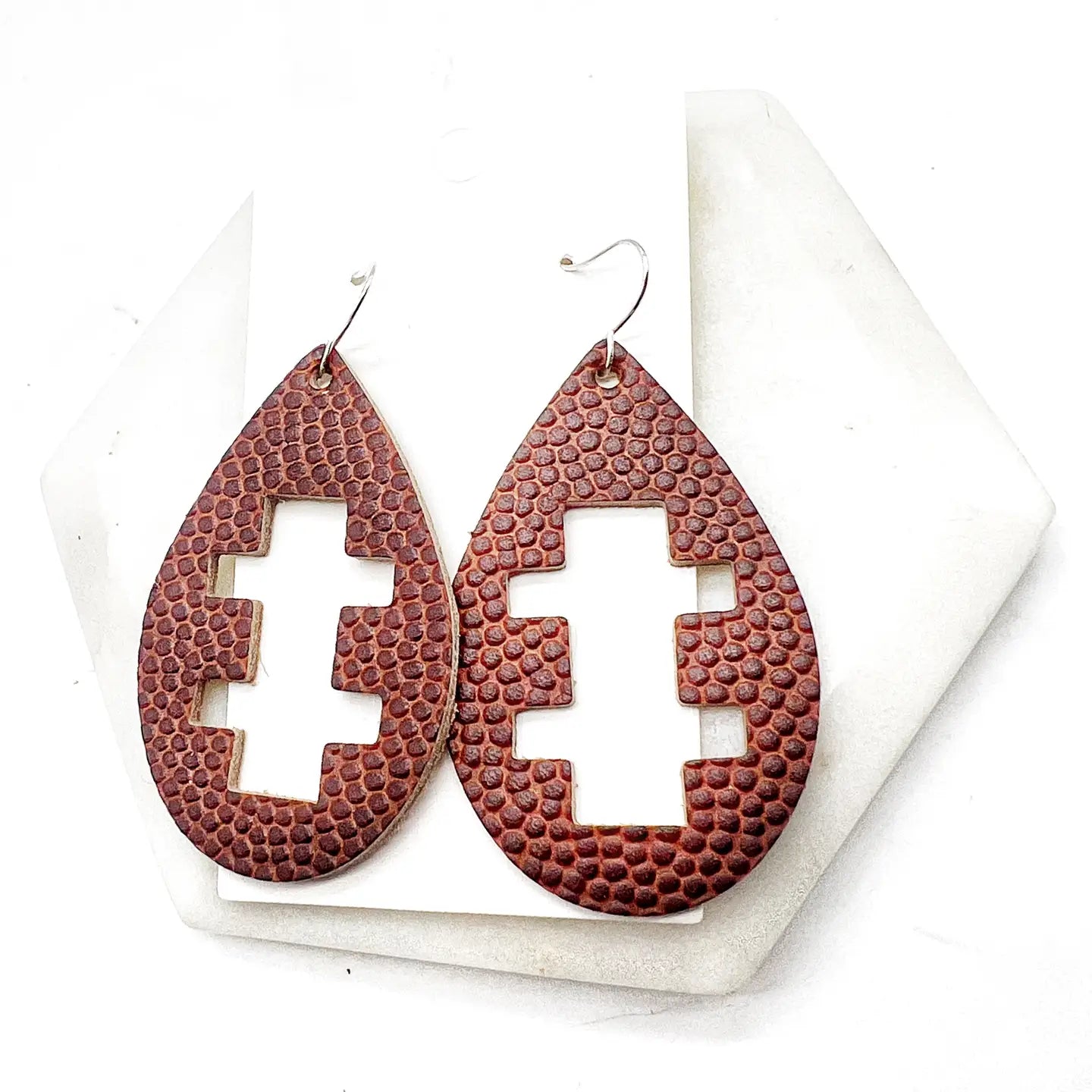 FOOTBALL LEATHER CUTOUT STATEMENT HANDMADE BBB EARRINGS
