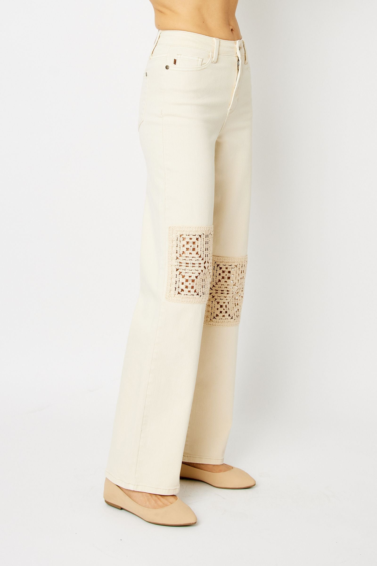 ECRU/OFF-WHITE HIGH WAIST GARMENT DYED CROCHET PATCHES WIDE LEG JUDY BLUE DENIM