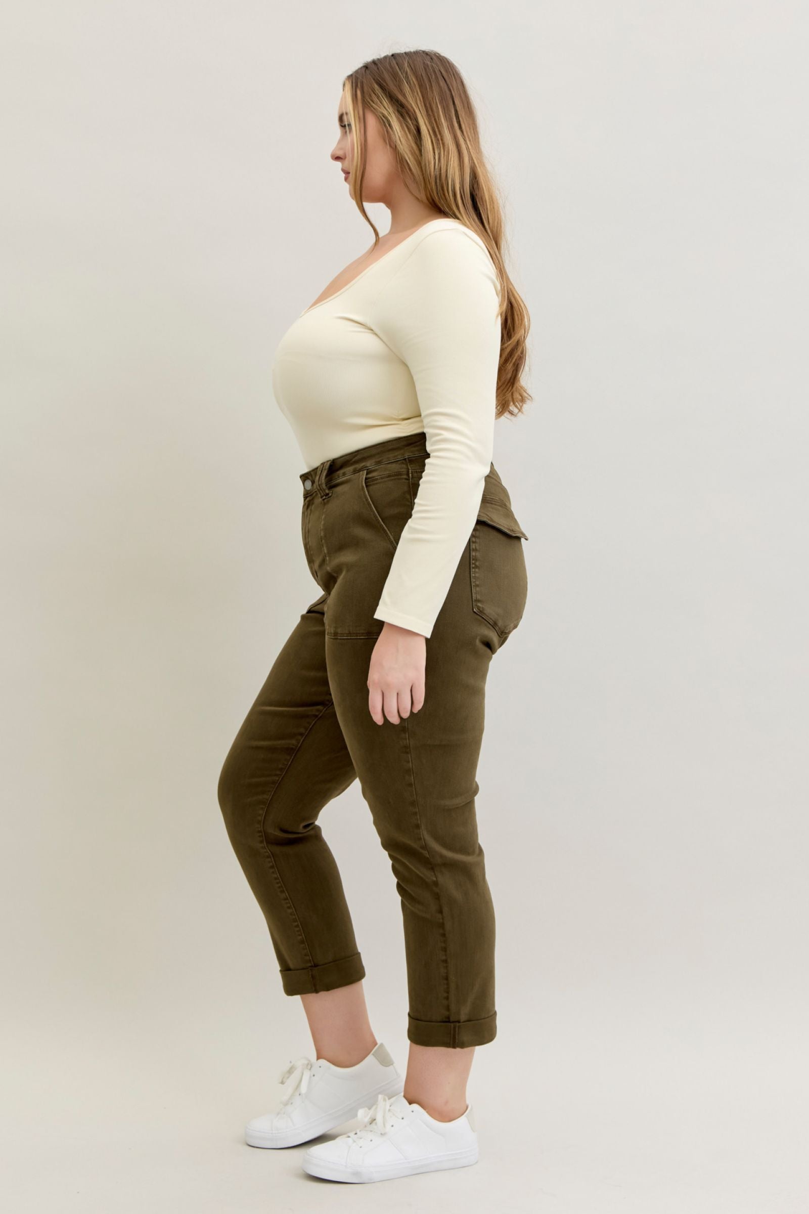 DARK FOREST GREEN HIGH WAIST AURORA WEEKENDER GARMENT DYED CUFFED JUDY BLUE DENIM-PLUS