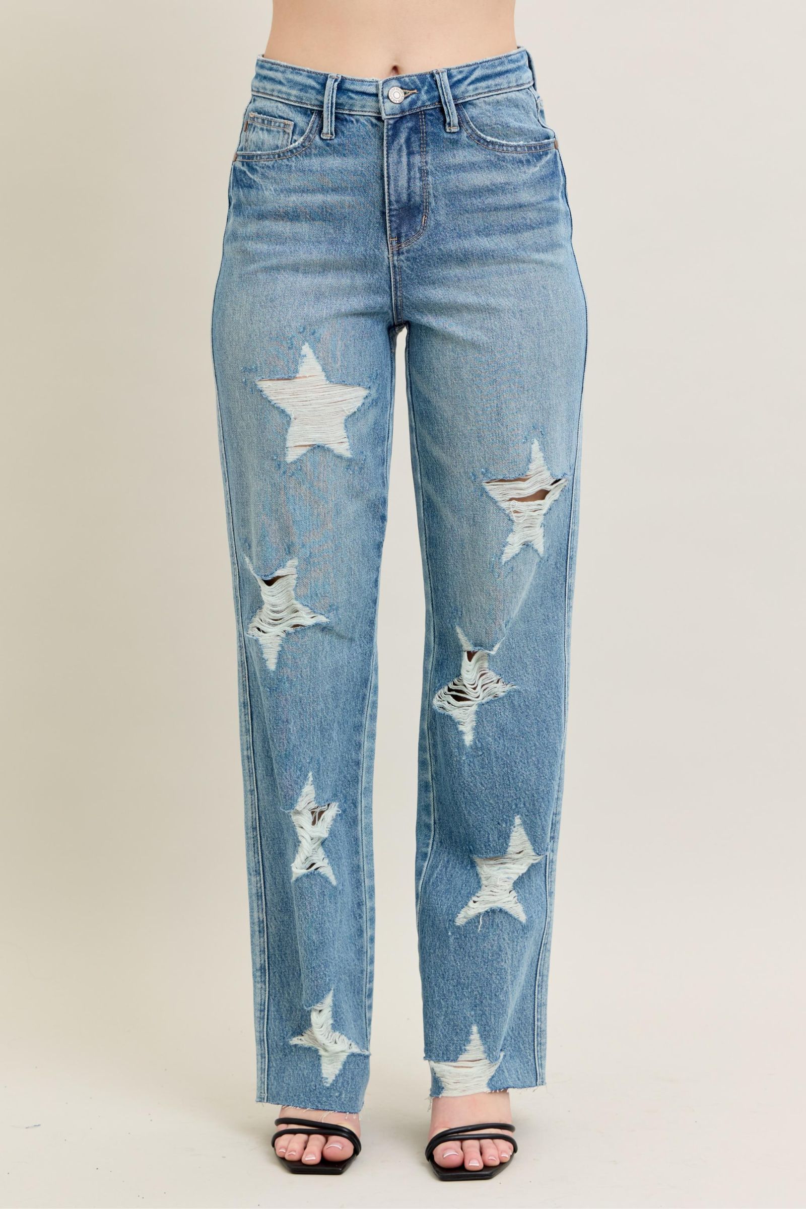 MEDIUM WASH HIGH WAIST RIGID MAGIC STAR SHAPED DESTROYED 90S STRAIGHT JUDY BLUE DENIM-PLUS