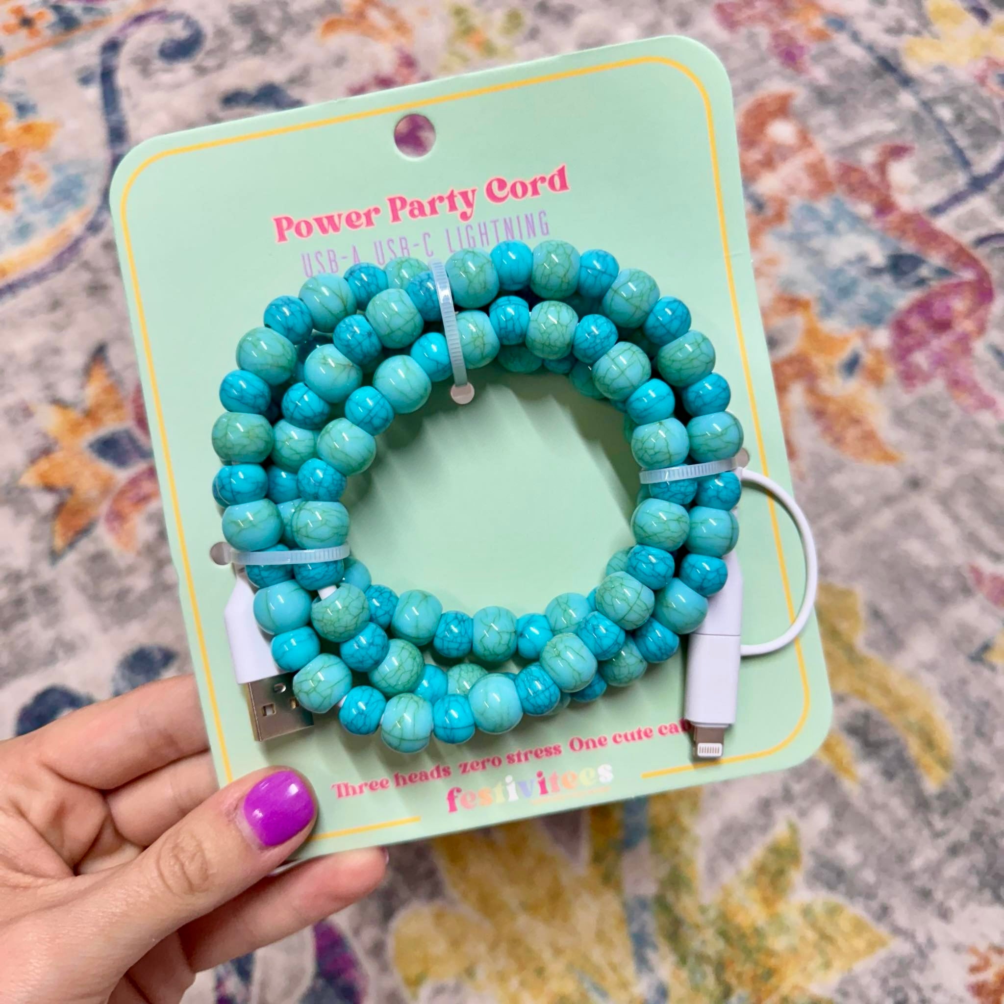 FANCY SMANCY BEADED CHARGING CABLES (USB-A TO DUAL USB-C / LIGHTENING 3 FOOT