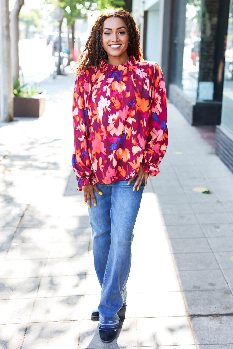 WINE MAGENTA BERRY FLORAL PRINT MOCK FRILLY NECK TOP