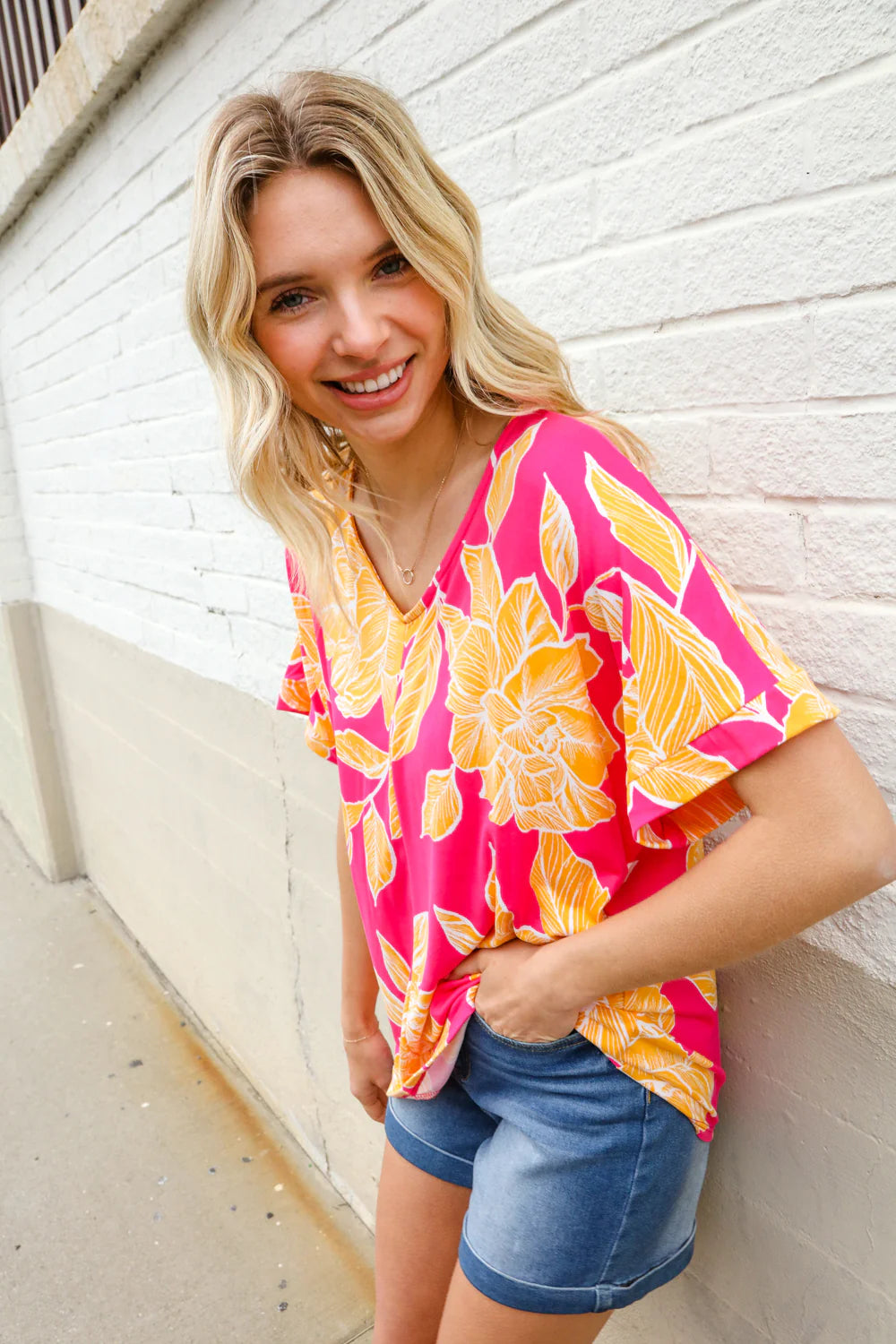 MAGENTA ORANGE FLORAL DROP SHOULDER KNIT VNECK TOP- SALE