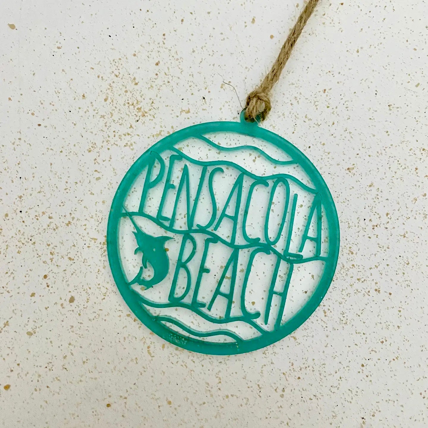 CUSTOM-MADE, HAND-MADE "PENSACOLA BEACH" HANGING ORNAMENT WITH TWINE STRING FLORIDA / COASTAL SOUVENIR FROSTED-TEAL-ACRYLIC