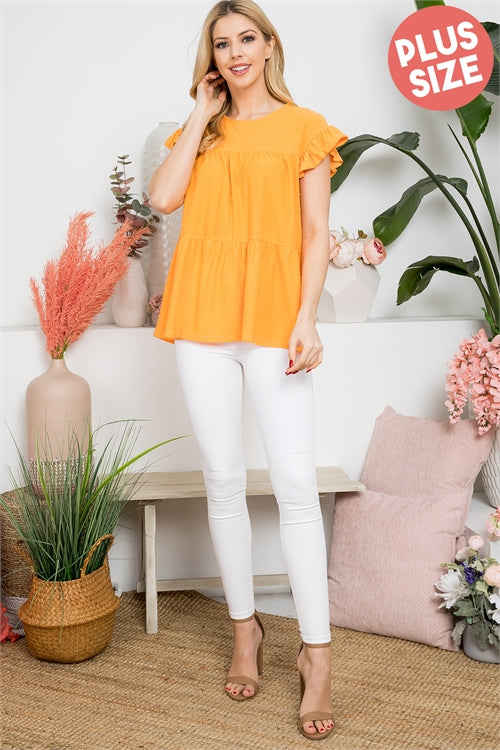 ORANGE PEACH SWISS DOT CAP SLEEVE ROUND NECK TOP- PLUS- SALE