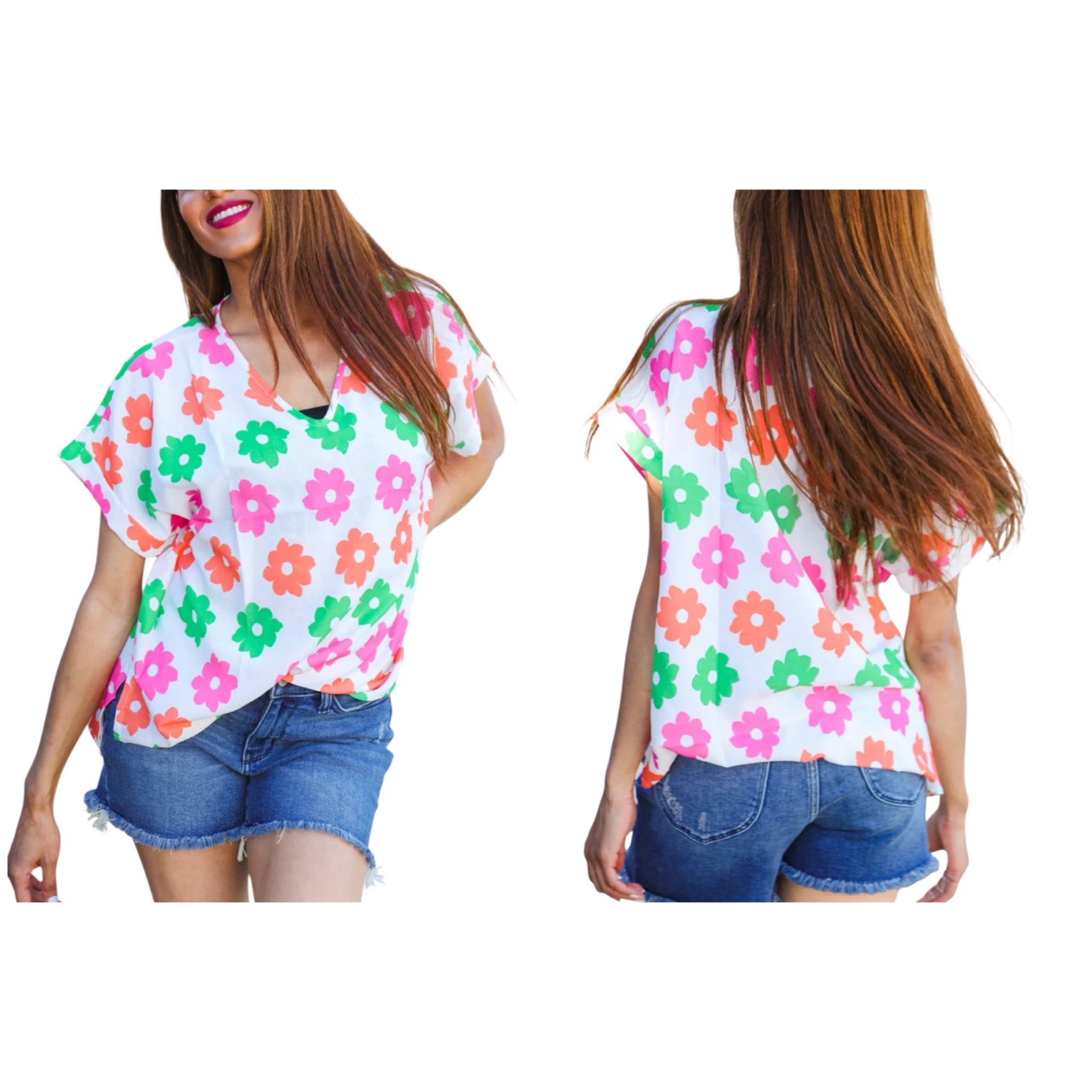 IVORY CORAL GREEN PINK FLORAL DOLMAN TOP- PLUS- SALE- 1X, 2X & 3X AVAILABLE