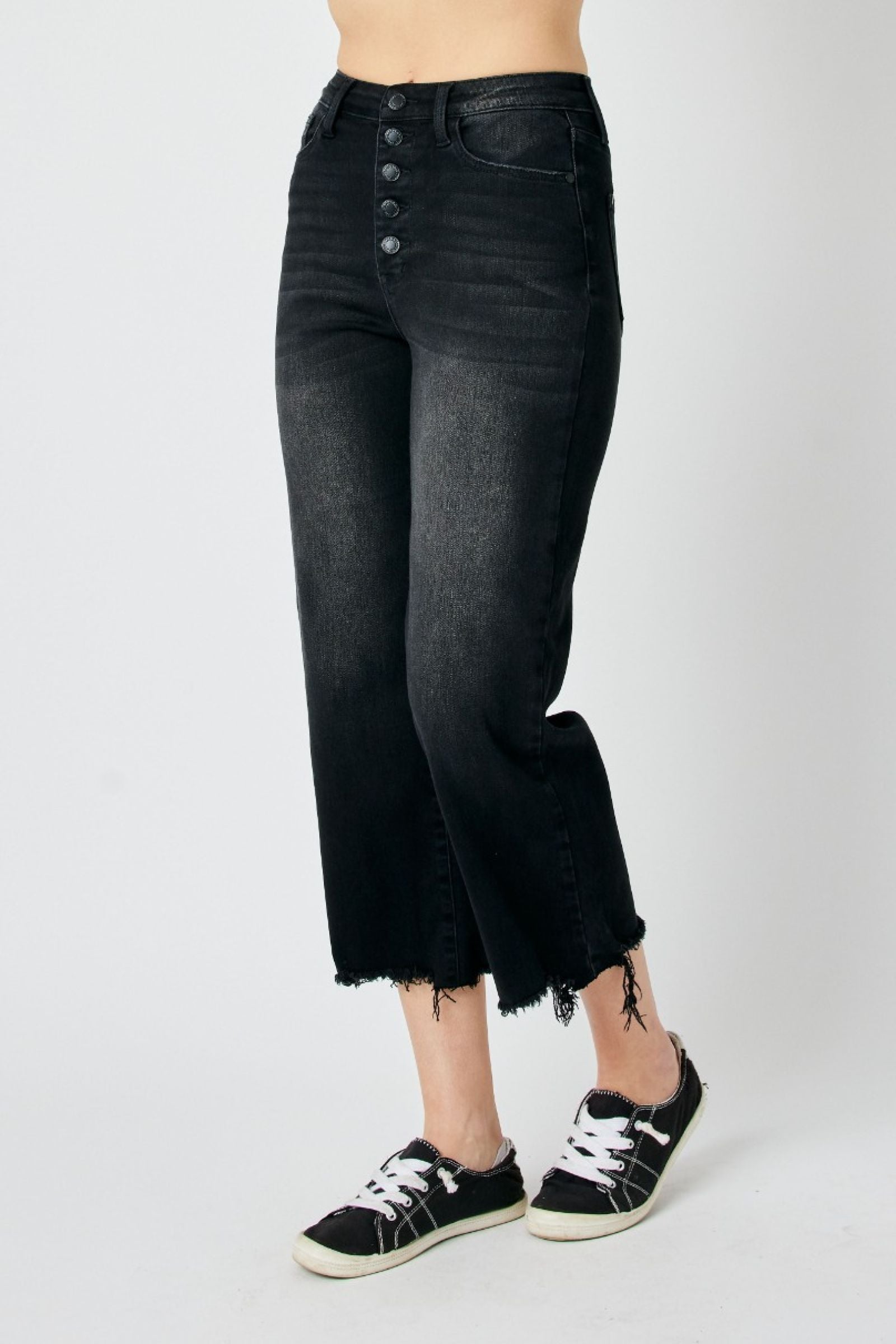 BLACK HIGH WAIST DESTROYED RAW HEM CROP WIDE LEG JUDY BLUE DENIM-PLUS