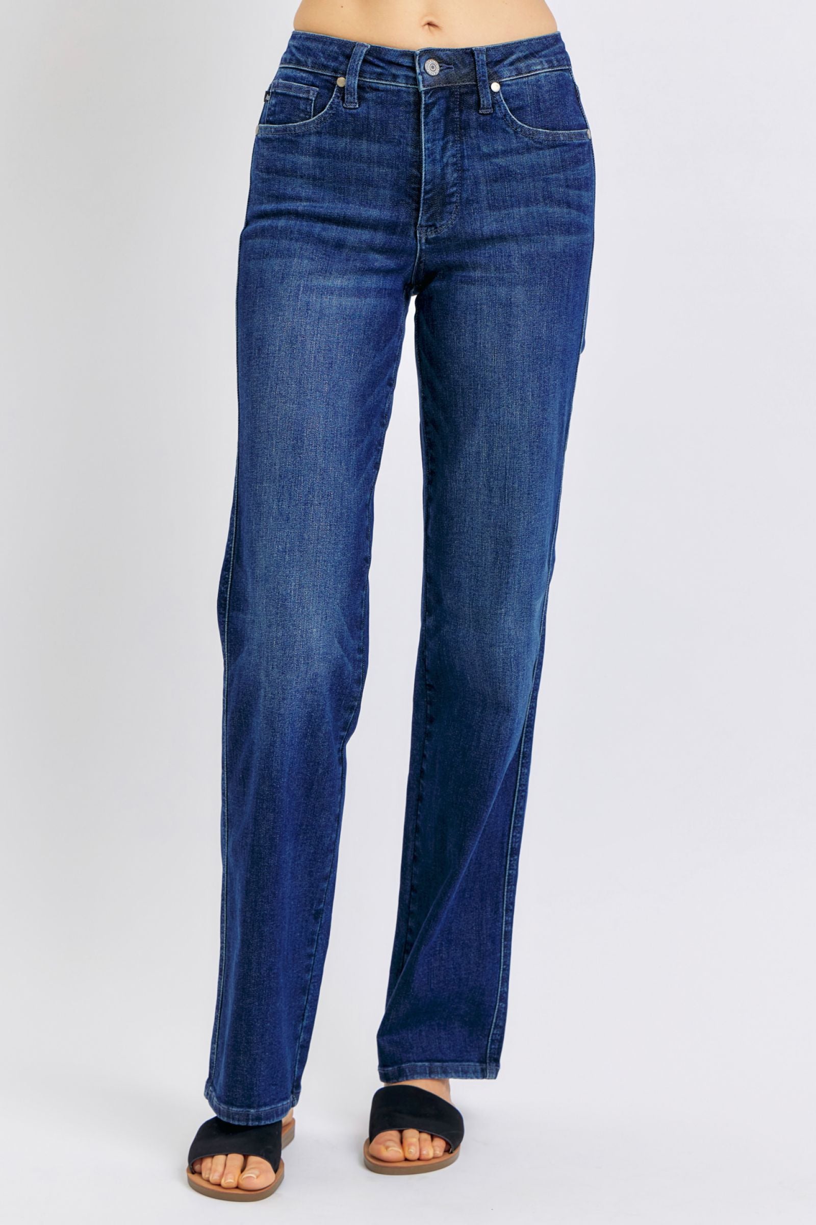 JUDY BLUE MID RISE TUMMY CONTROL CLASSIC STRAIGHT DARKWASH DENIM