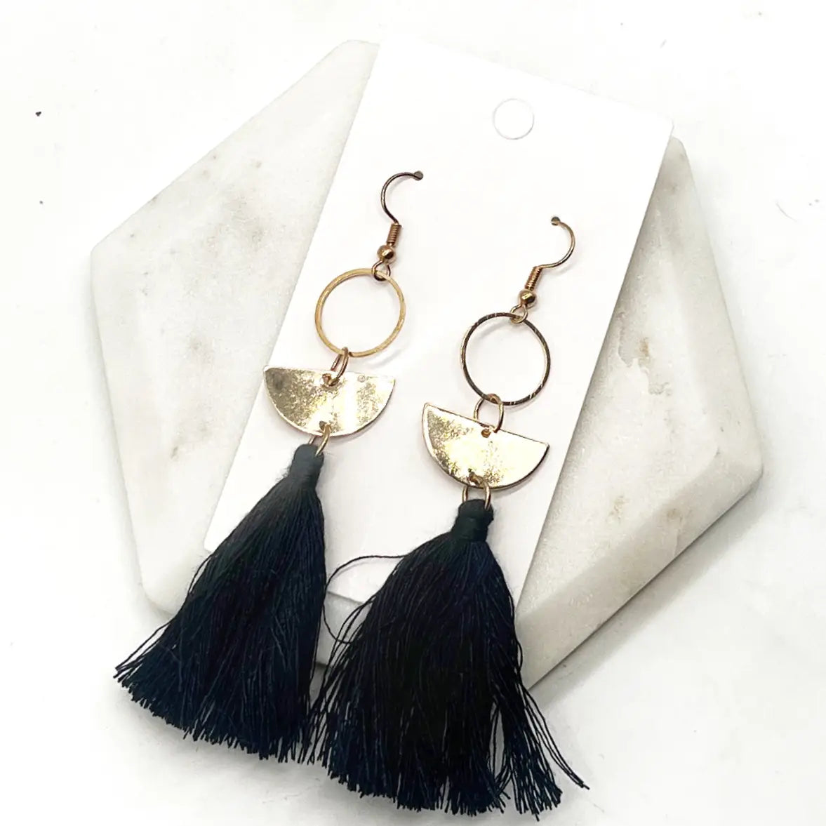 GOLD SEMI CIRCLE BLACK TASSEL STATEMENT HANDMADE BBB EARRINGS