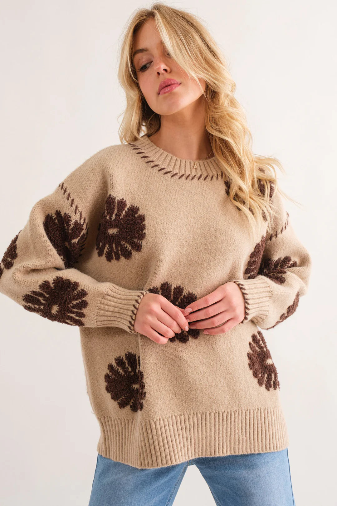 TAUPE BROWN FLORAL DESIGN THICK SWEATER-PLUS