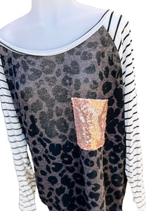 Animal Stripe Raglan Sequin Pocket Top-PLUS