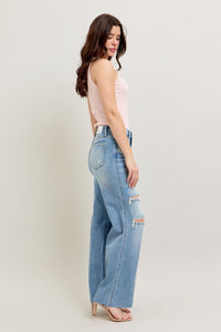 LIGHT WASH MID RISE TUMMY CONTROL DESTROYED WIDE LEG JUDY BLUE DENIM