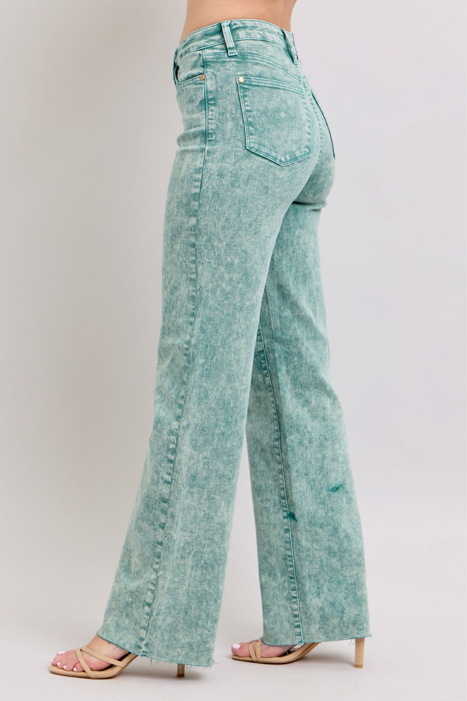 HIGH WAIST SEA GREEN GARMENT DYED RAW HEM “DAD JEANS” JUDY BLUE DENIM