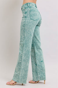 HIGH WAIST SEA GREEN GARMENT DYED RAW HEM “DAD JEANS” JUDY BLUE DENIM