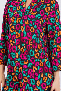 BLACK & NEON MULTI PRINT ANIMAL 3/4 SLEEVE TOP-PLUS