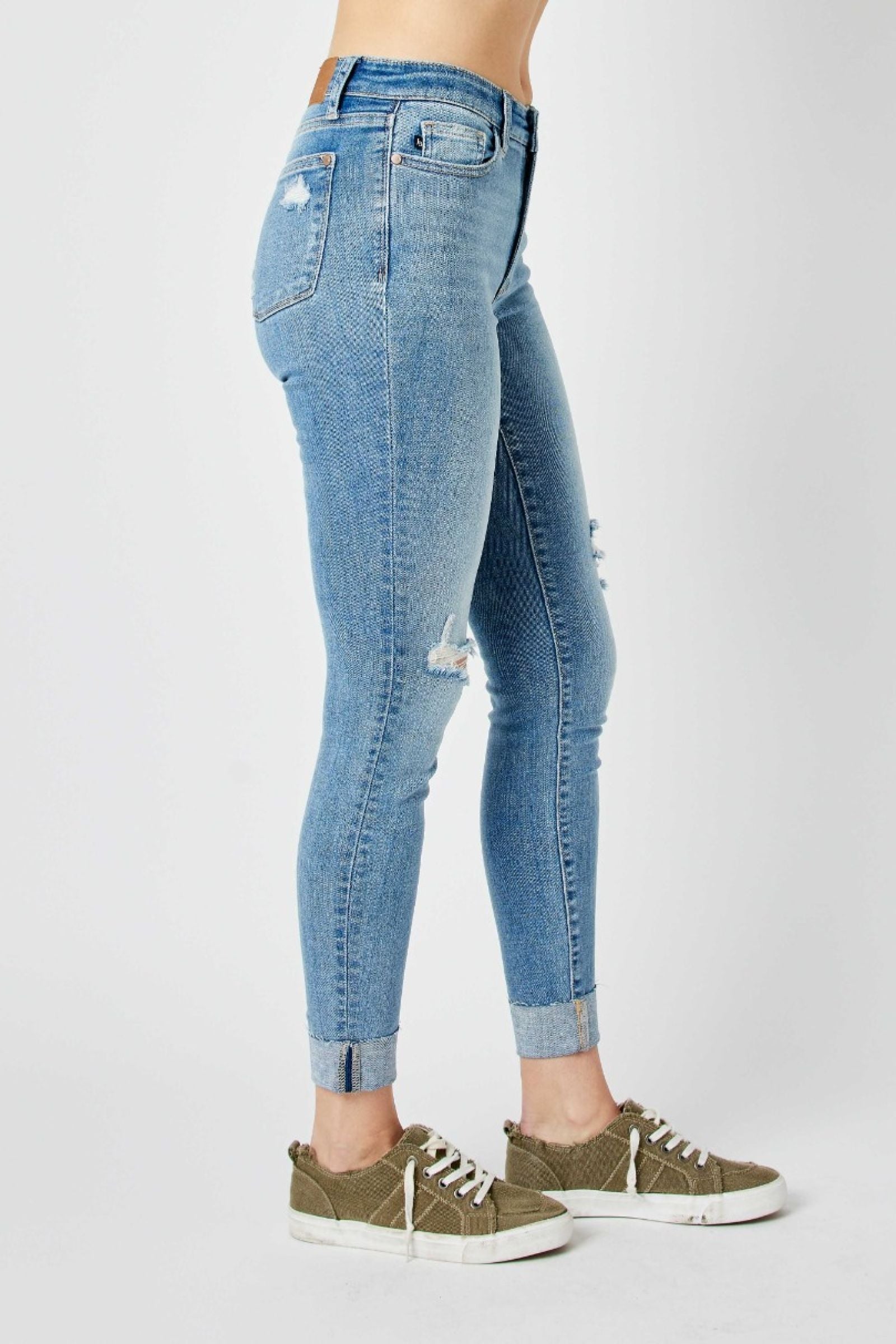 SKINNY MEDIUM WASH MID RISE DESTROYED CUFFED JUDY BLUE DENIM-PLUS