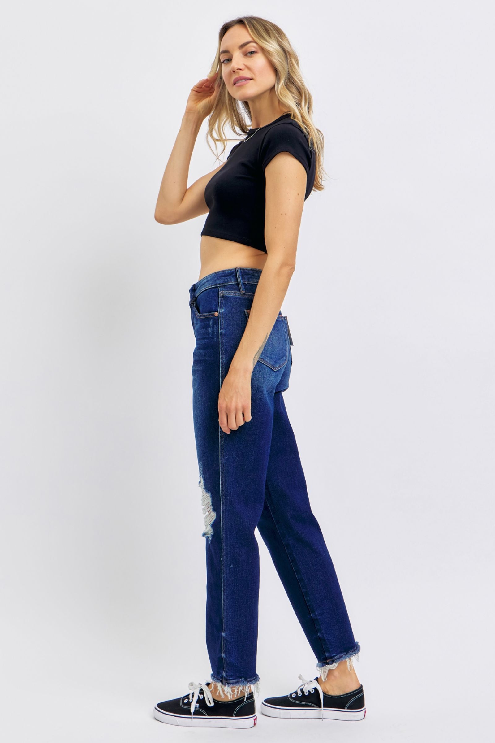 HIGH WAIST RIGID MAGIC HEAVY DESTROYED STRAIGHT DARKWASH JUDY BLUE DENIM