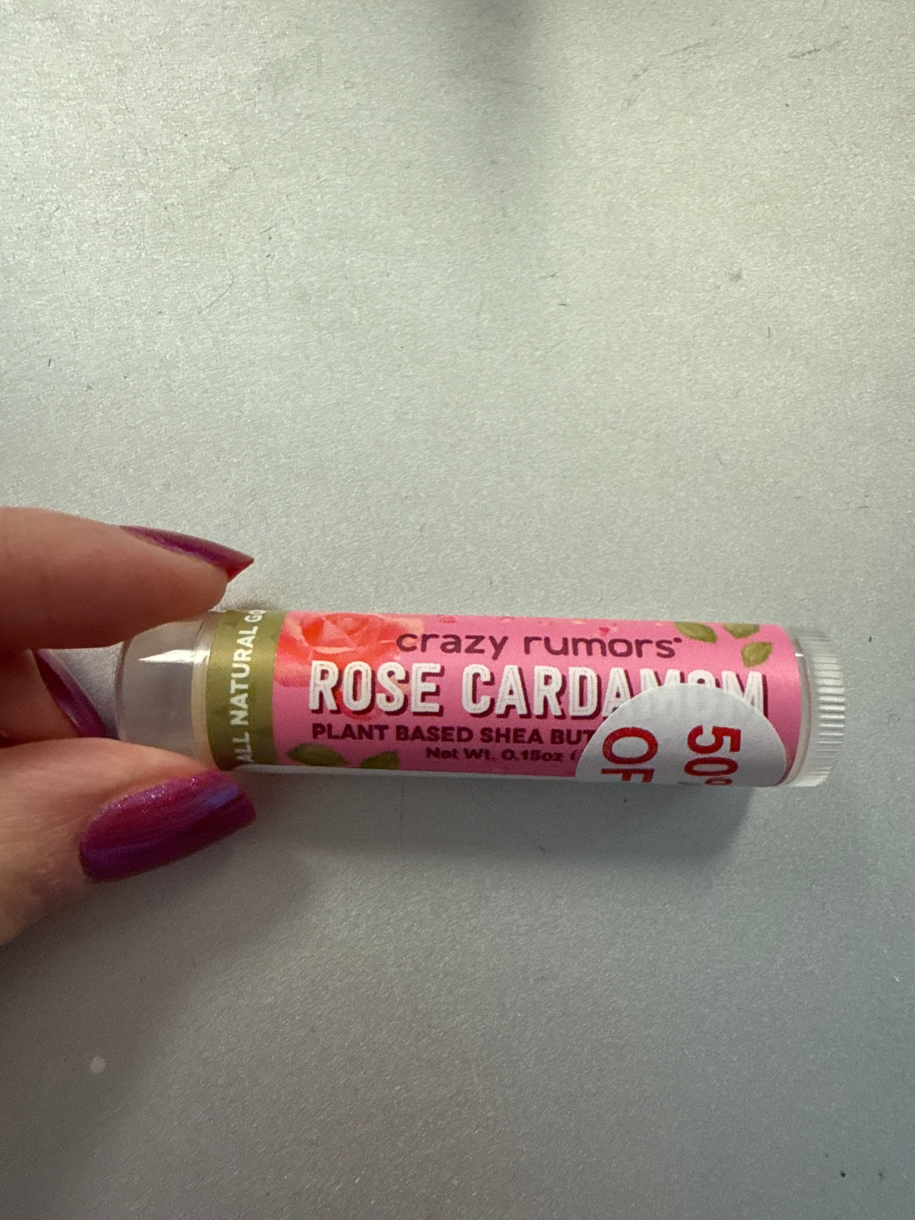 CRAZY RUMORS ROSE CARDAMOM 100% NATURAL FLAVORED LIP BALM- SALE- 1 LEFT