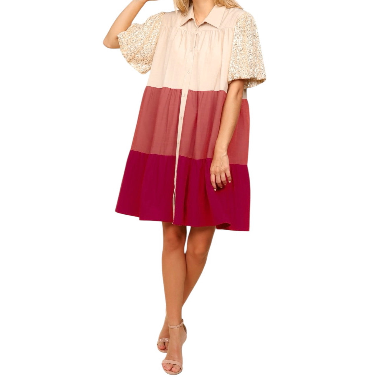 TAUPE RUST MULTI SEQUINS BUBBLE SLEEVE POCKETED COLLARED DRESS-PLUS