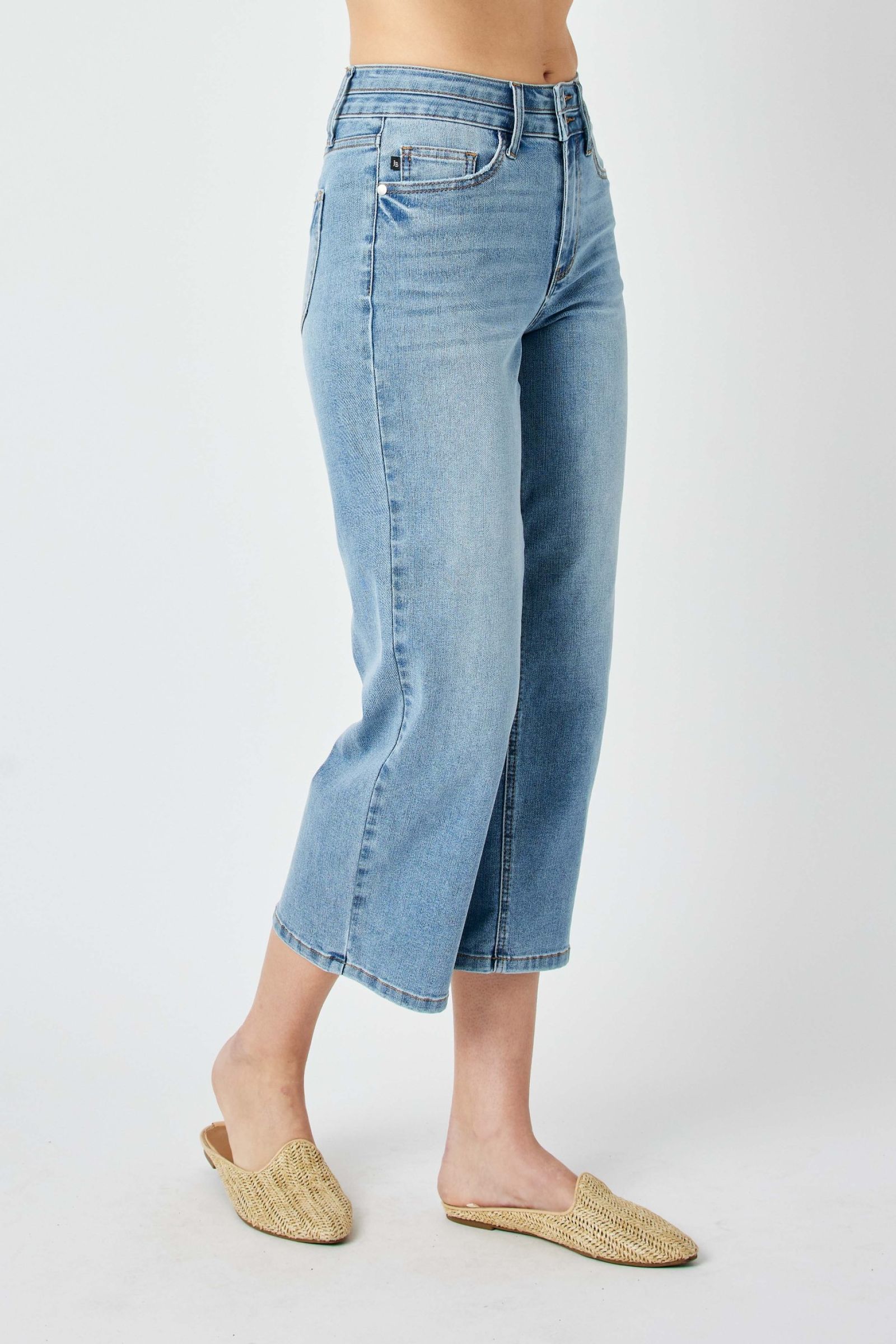 MEDIUM WASH HIGH WAIST DOUBLE WAISTBAND CROPPED WIDE LEG JUDY BLUE DENIM-PLUS