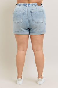 LIGHT WASH JOGGERS HIGH WAIST CUFFED DENIM SHORTS BY JUDY BLUE-PLUS
