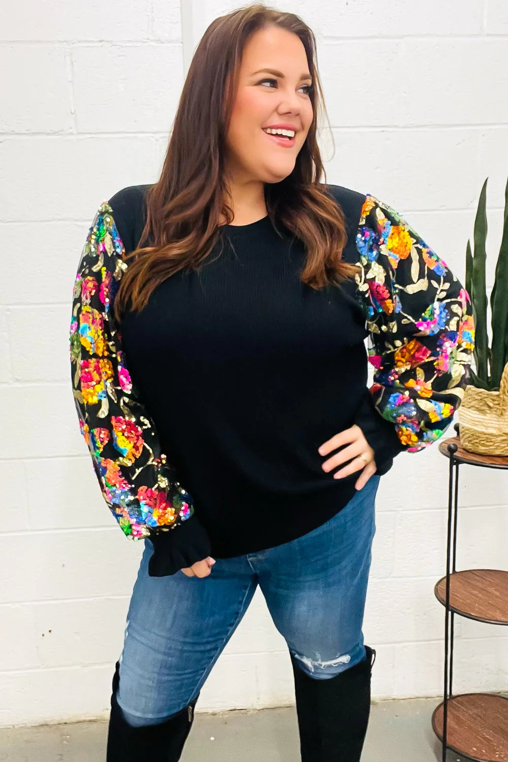 BLACK DIVA DREAMS FLORAL SEQUIN MESH RIB KNIT BLOUSE
