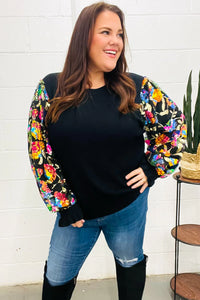 BLACK DIVA DREAMS FLORAL SEQUIN MESH RIB KNIT BLOUSE