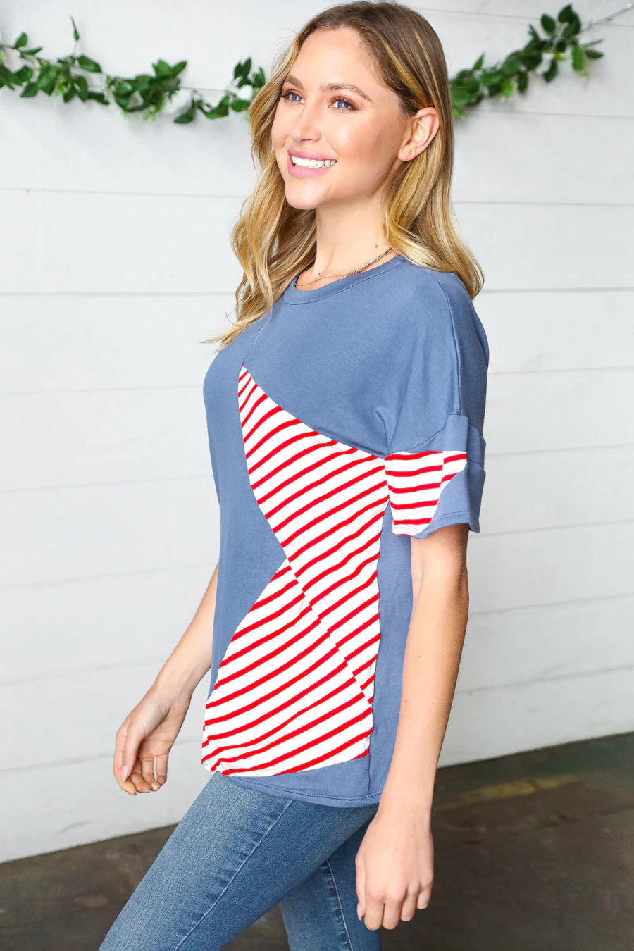 RED BLUE STAR STRIPE DETAIL FRENCH TERRY PATRIOTIC TOP- MEDIUM