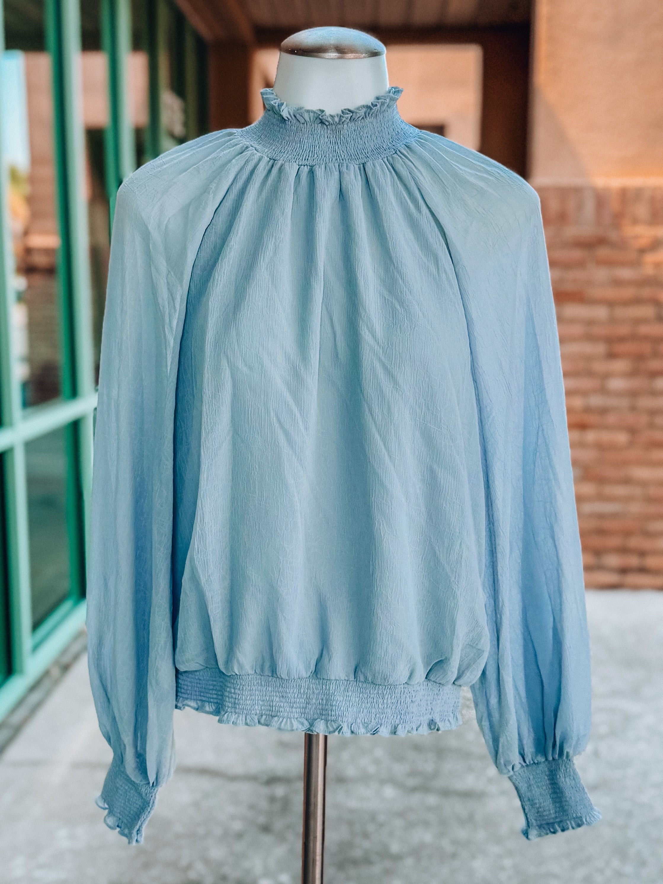 Blue Chiffon Ruched Neck Top- SALE