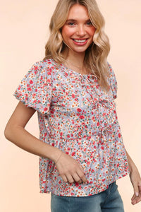 LAVENDER MULTI FLORAL FRONT RIBBONS BOW TIE BABYDOLL KNIT TOP-PLUS
