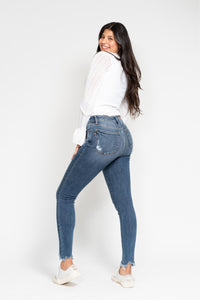 HIGH WAIST MEDIUM WASH SHARKBITE HEM SKINNY WITH DESTROY JUDY BLUE DENIM