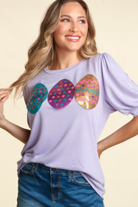 LILAC SEQUINS EASTER EGGS BUBBLE PUFF SLEEVE KNIT TOP-PLUS