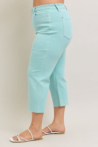 LIGHT BLUE SKY HIGH WAIST GARMENT DYED RAW HEM CROP WIDE LEG JUDY BLUE DENIM-PLUS