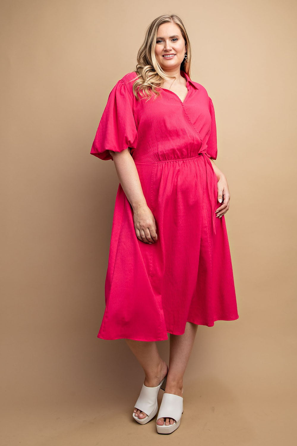 HOT PINK TEXTURED WOVEN ELASTIC WAIST MIDI DRESS-PLUS