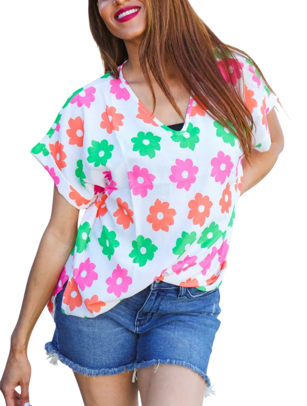 IVORY CORAL GREEN PINK FLORAL DOLMAN TOP- PLUS- SALE- 1X, 2X & 3X AVAILABLE