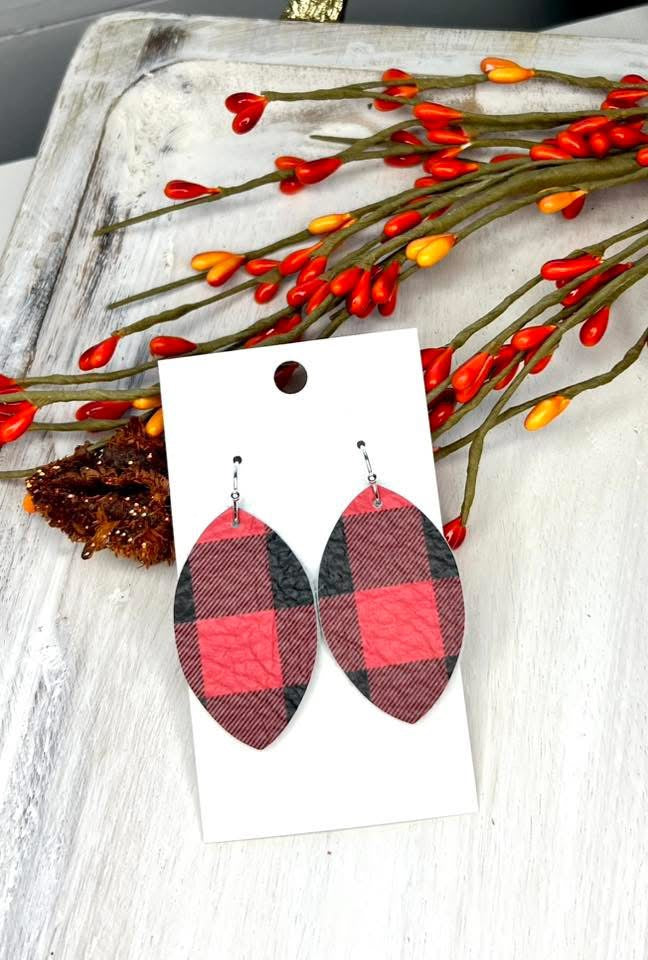 BUFFALO PLAID TEARDROP LEATHER HANDMADE EARRINGS BY B.O.D