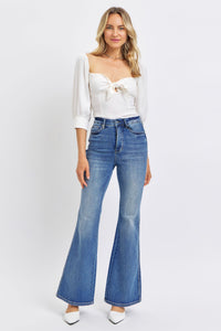 HIGH WAIST DARKWASH TUMMY CONTROL CONTRAST WASH FLARE JUDY BLUE DENIM-PLUS