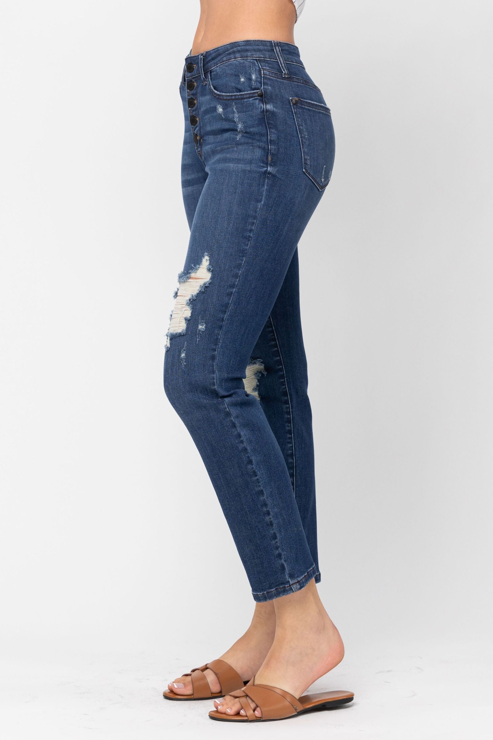 Darkwash High Waist Zig Zag Button Fly Destroyed Boyfriend Judy Blue Denim