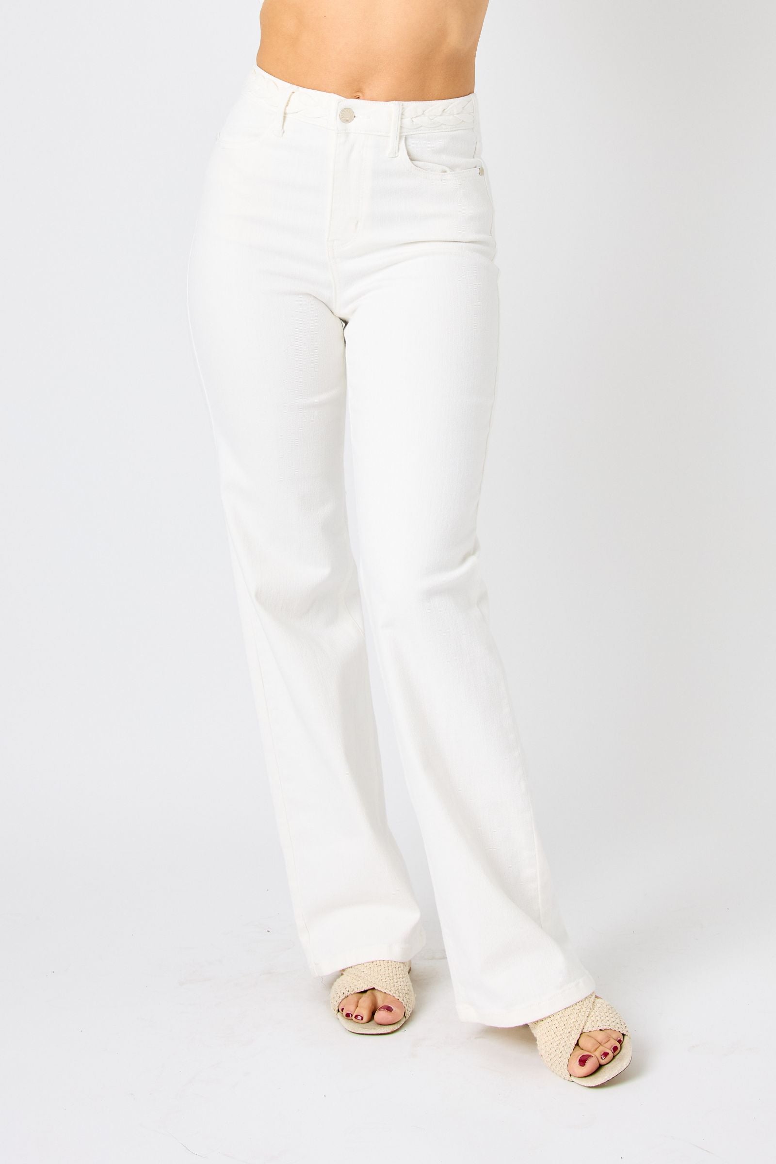 WHITE HIGH WAIST BRAIDED WAISTBAND DETAIL WIDE LEG JUDY BLUE DENIM-PLUS