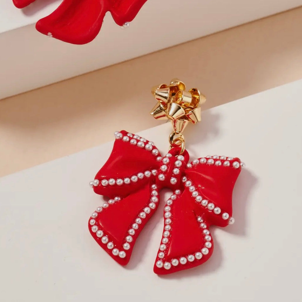 RED BOW CHRISTMAS ENAMEL DANGLING EARRINGS