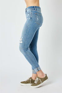 SKINNY MEDIUM WASH MID RISE DESTROYED CUFFED JUDY BLUE DENIM-PLUS