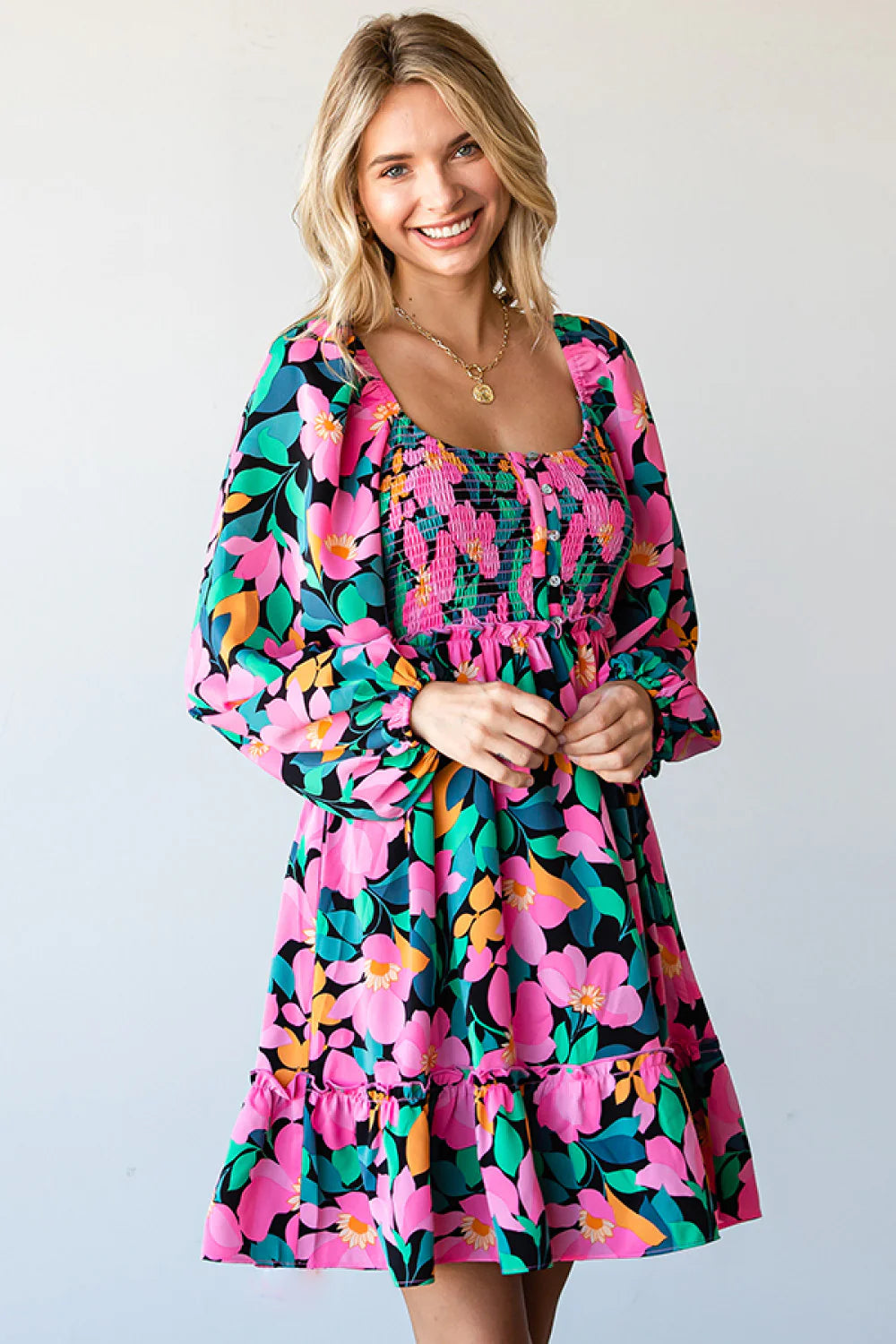 BLACK HOT PINK ORANGE GREEN BLUE FLORAL PRINT SMOCKED FIT & FLARE DRESS