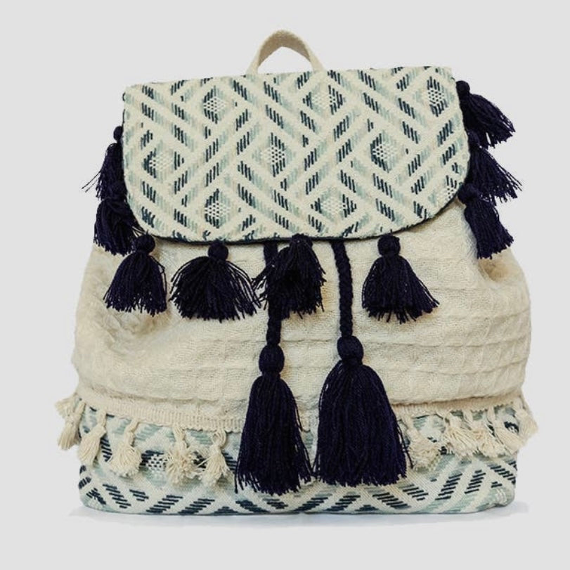 Magdelena Azte Cotton Backpack Tassels Blue & White