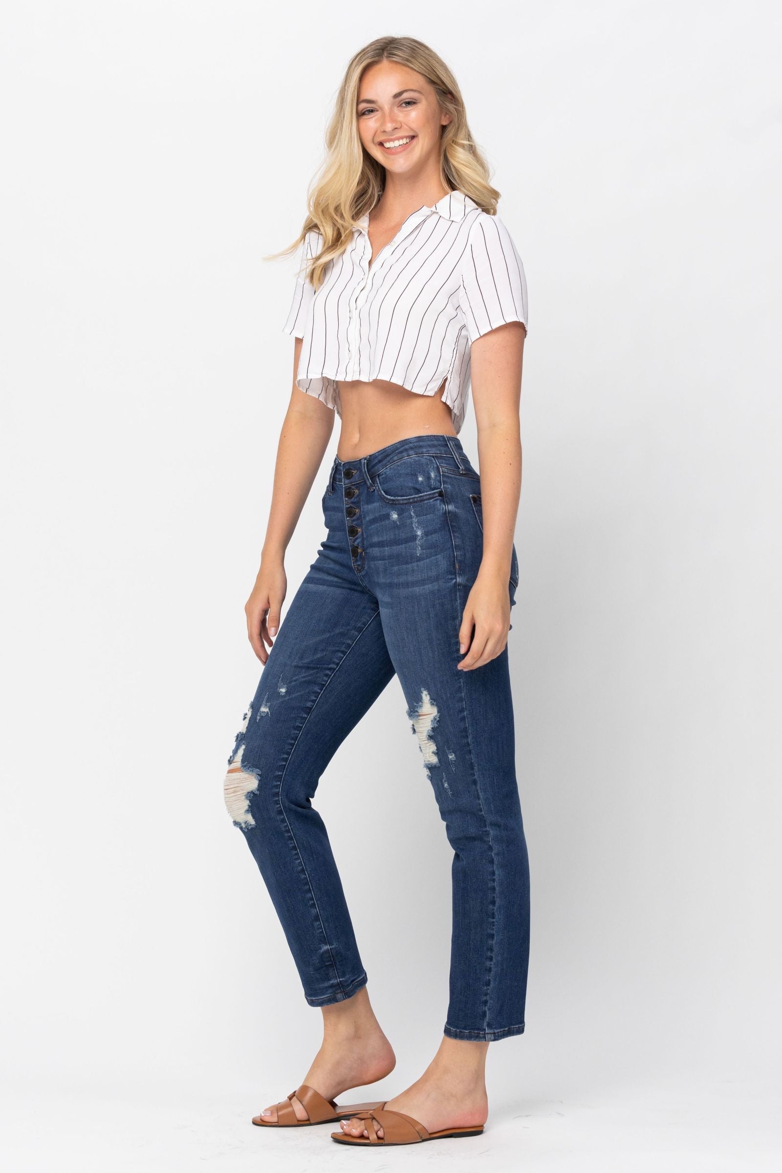 Darkwash High Waist Zig Zag Button Fly Destroyed Boyfriend Judy Blue Denim