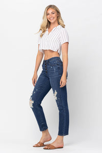 Darkwash High Waist Zig Zag Button Fly Destroyed Boyfriend Judy Blue Denim