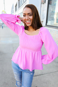 BUBBLEGUM PINK SMOCKED FIT & FLARE BLOUSE