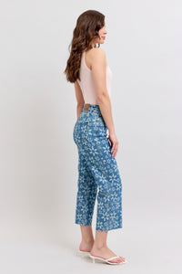 HIGH WAIST FLOWER PRINT CROPPED WIDE LEG JUDY BLUE DENIM MEDIUM WASH-PLUS