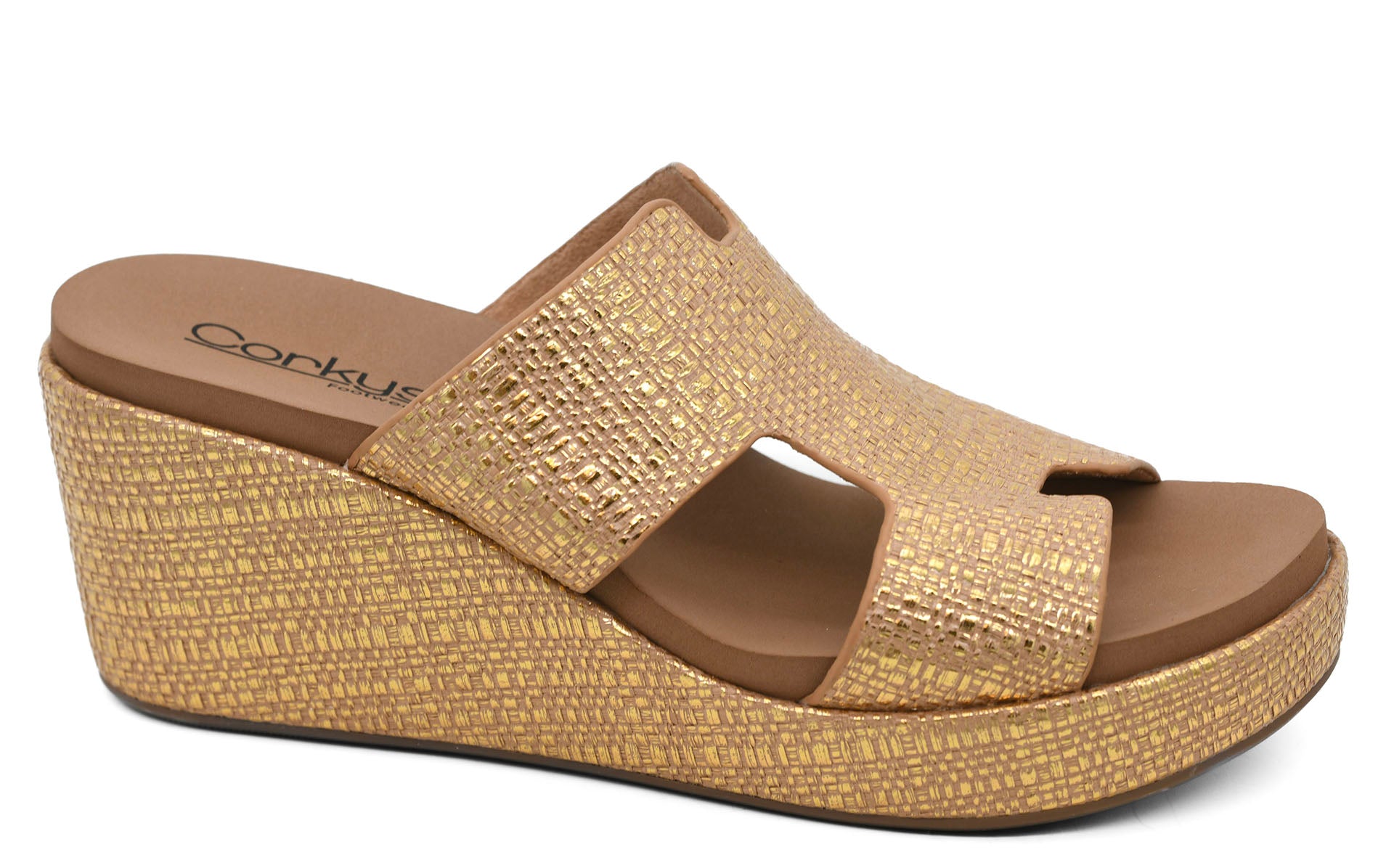 PUCKER UP GOLD RAFIA CORKYS SANDAL WEDGES