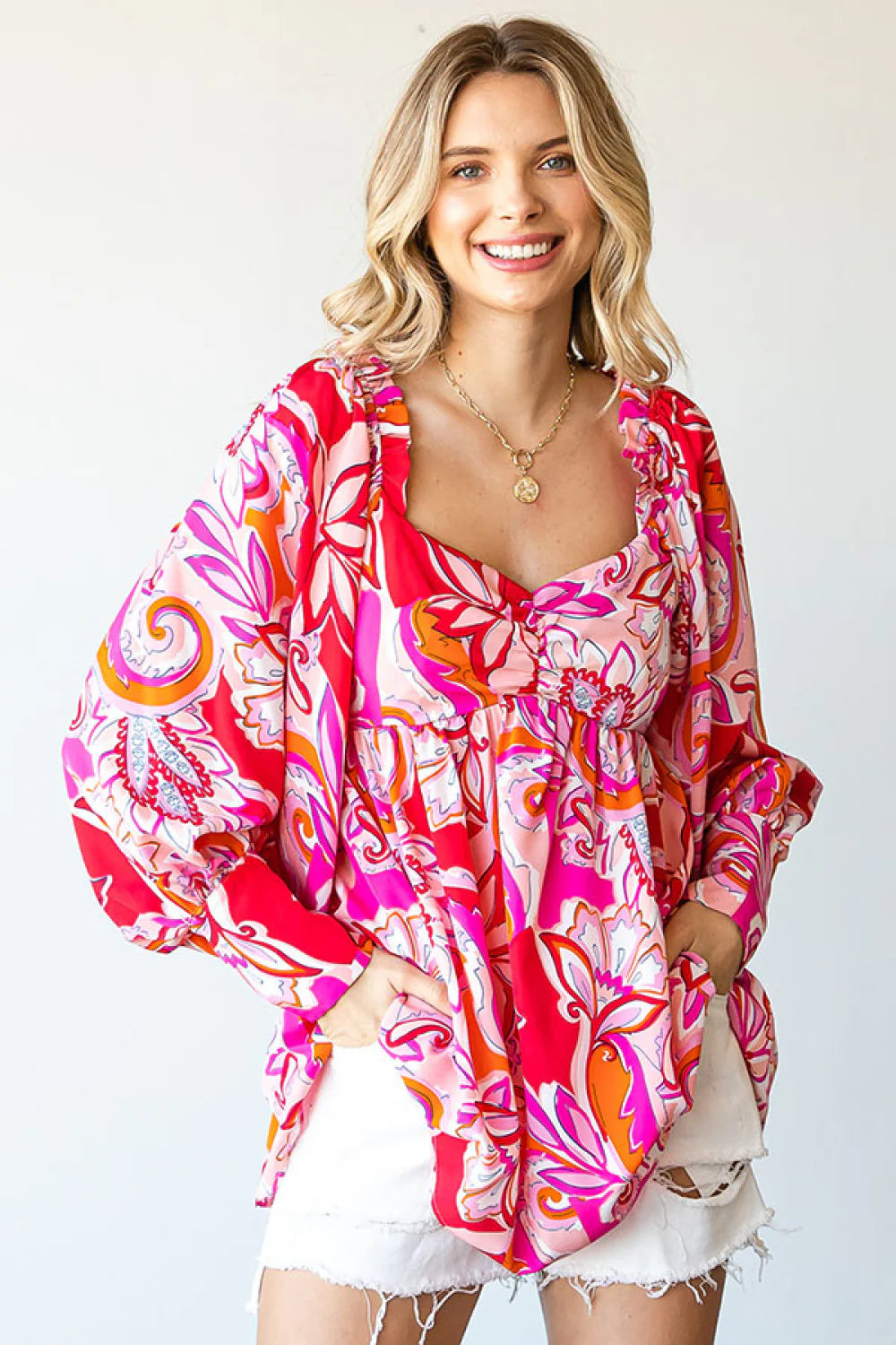 GROOVY RETRO PINK RED ORANGE FUCHSIA DESIGN BABYDOLL WOVEN TOP- SALE