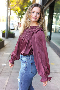 WINE MARSALA BE YOUR BEST SATIN SHIRRED YOKE FRILLY MOCK NECK BLOUSE